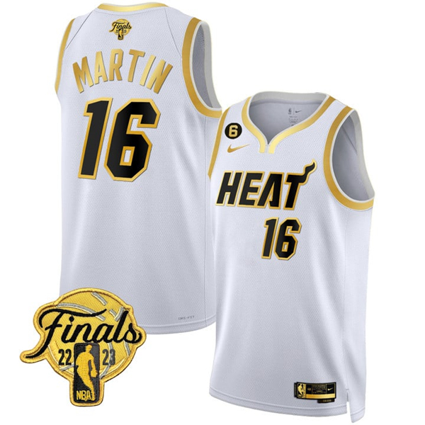 Men's Miami Heat #16 Caleb Martin White Gold Edition 2023 Finals Collection With NO.6 Patch Stitched Basketball Jersey